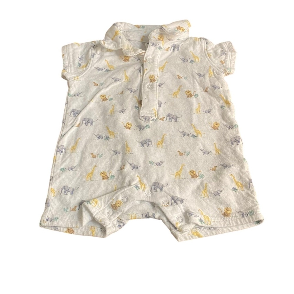 Janie and Jack white safari print short sleeve shorts collar one piece SIZE 3-6M